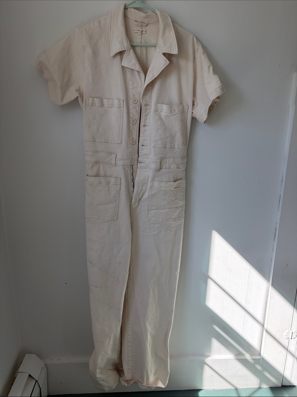 Whimsy + Row Cream Short-Sleeve Button-Front One-Piece Jumpsuit